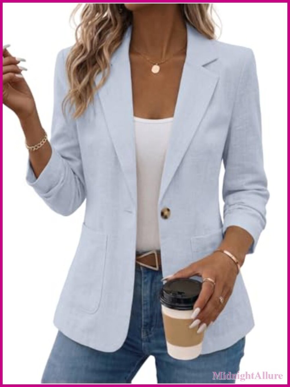 Linen Blend Blazer Womens 3/4 Ruched Sleeve Business Casual Work Jacket